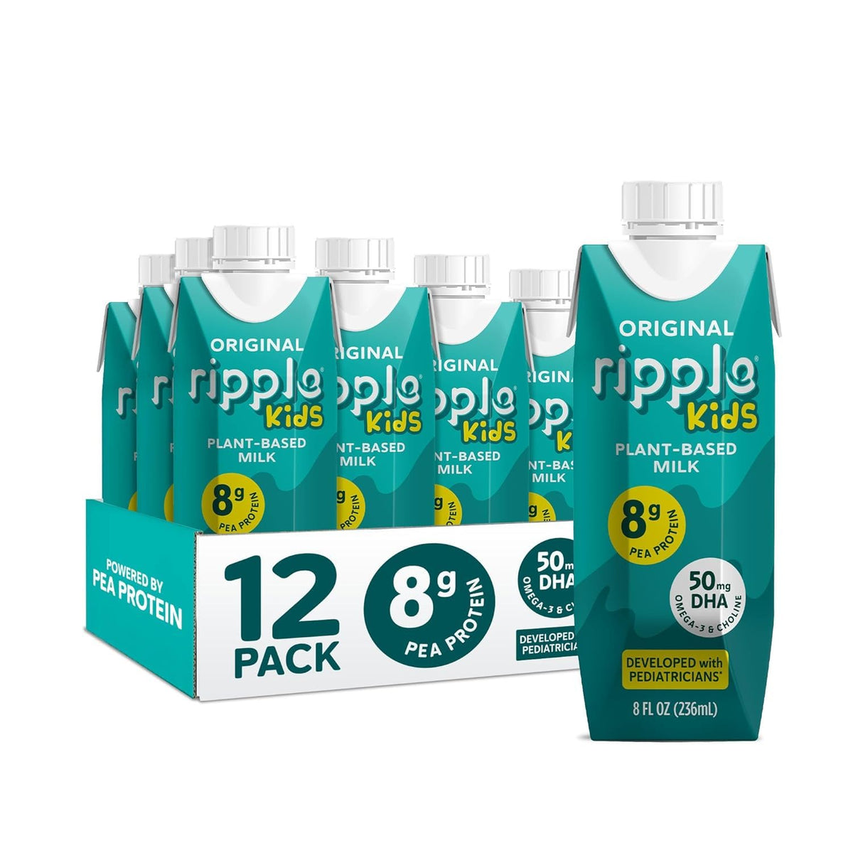 Ripple Kids Plant Based Milk, Unsweetened, 8g Pea Protein, Pediatrician Recommended, Shelf Stable Carton, Vegan, Non-GMO, Dairy, Soy, Nut, Gluten & Lactose Free, 8 Fl Oz, Pack of 12