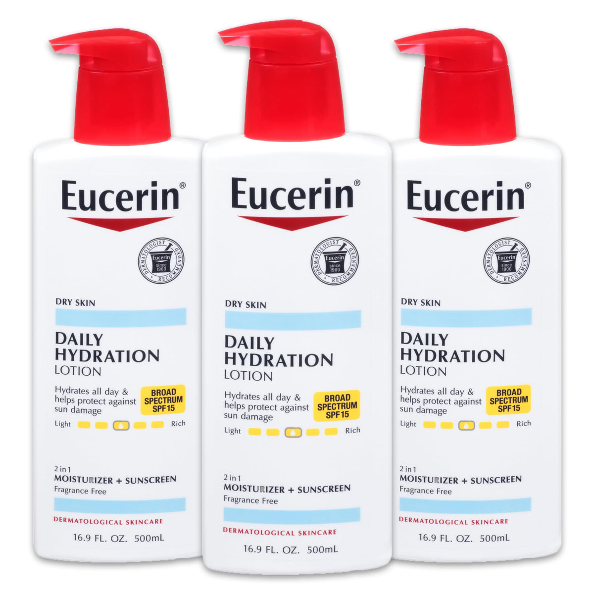 Eucerin Daily Hydration Body Lotion, Unscented Body Lotion for Sensitive Dry Skin, Holiday Gifts for Self Care, 16.9 Fl Oz Pump Bottles, Pack of 3