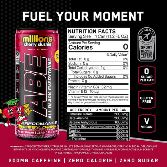 All Black Everything Performance Energy Drink | Zero Calories, Sugar Free | 200mg Caffeine | Beta Alanine & Citrulline | Pre-Workout Sport Drink for Men & Women | Cherry Millions | 12 Pack