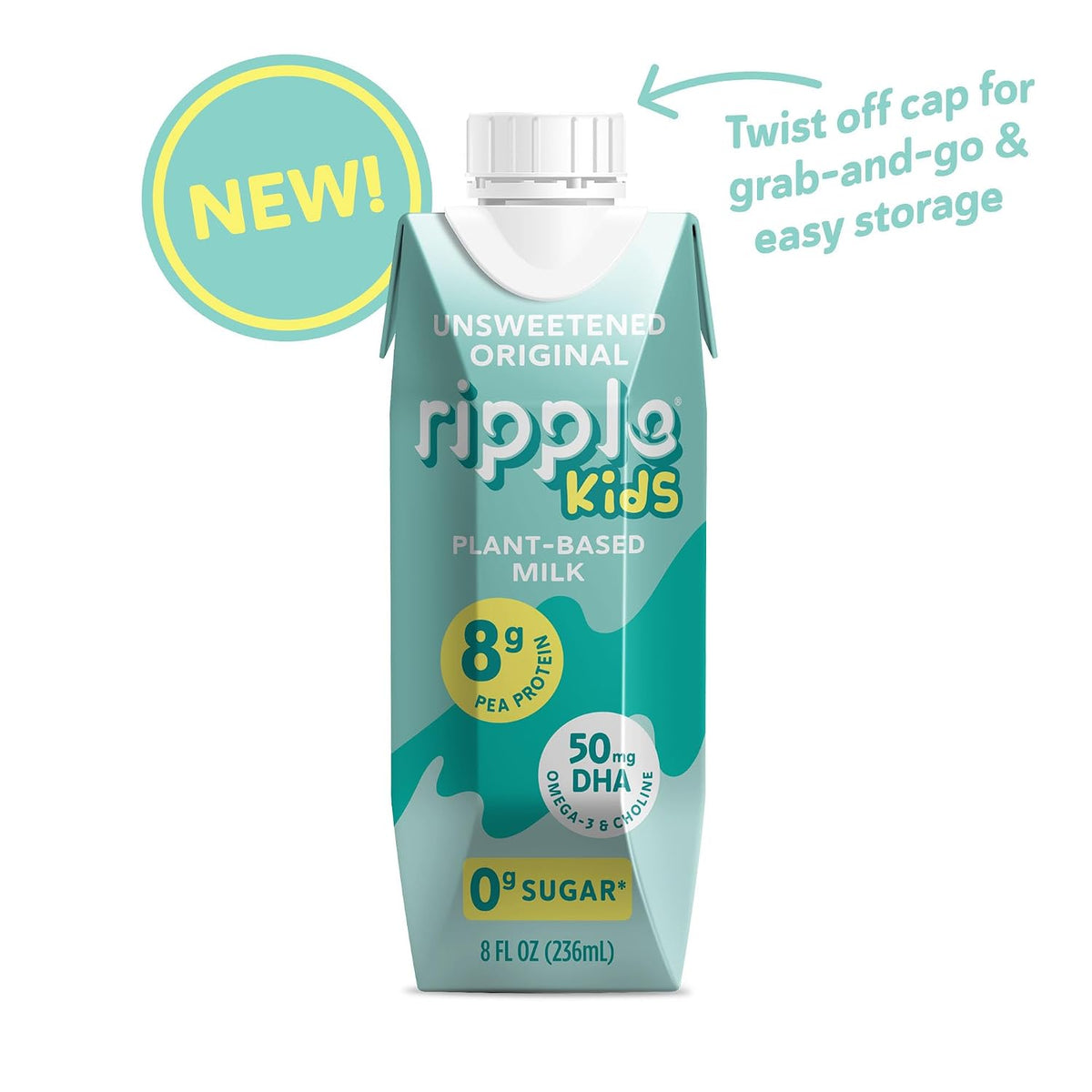 Ripple Kids Plant Based Milk, Unsweetened, 8g Pea Protein, Pediatrician Recommended, Shelf Stable Carton, Vegan, Non-GMO, Dairy, Soy, Nut, Gluten & Lactose Free, 8 Fl Oz, Pack of 12