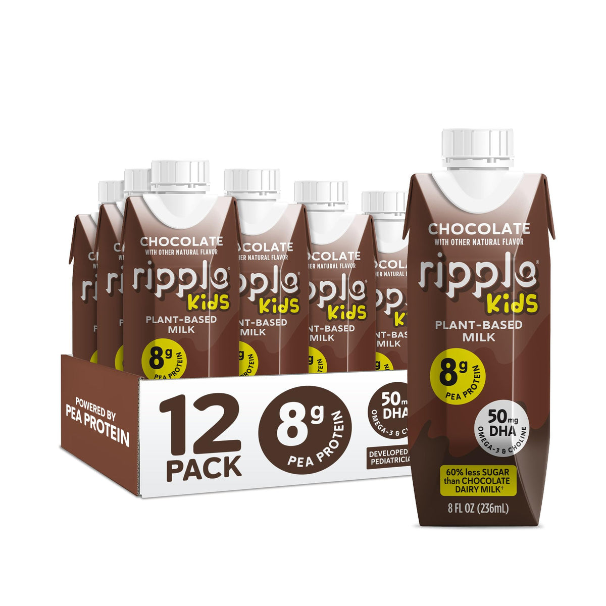 Ripple Kids Plant Based Milk, Unsweetened, 8g Pea Protein, Pediatrician Recommended, Shelf Stable Carton, Vegan, Non-GMO, Dairy, Soy, Nut, Gluten & Lactose Free, 8 Fl Oz, Pack of 12