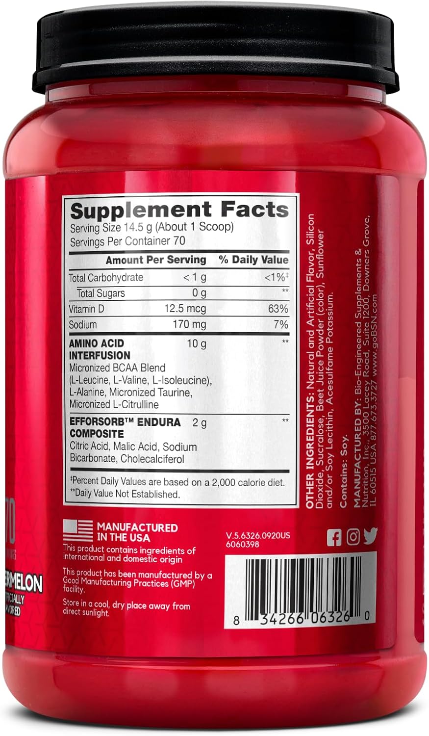 BSN Amino X BCAAs Recovery Powder, Caffeine Free, Watermelon, 70 Servings