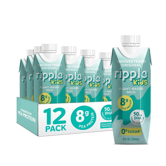 Ripple Kids Plant Based Milk, Unsweetened, 8g Pea Protein, Pediatrician Recommended, Shelf Stable Carton, Vegan, Non-GMO, Dairy, Soy, Nut, Gluten & Lactose Free, 8 Fl Oz, Pack of 12