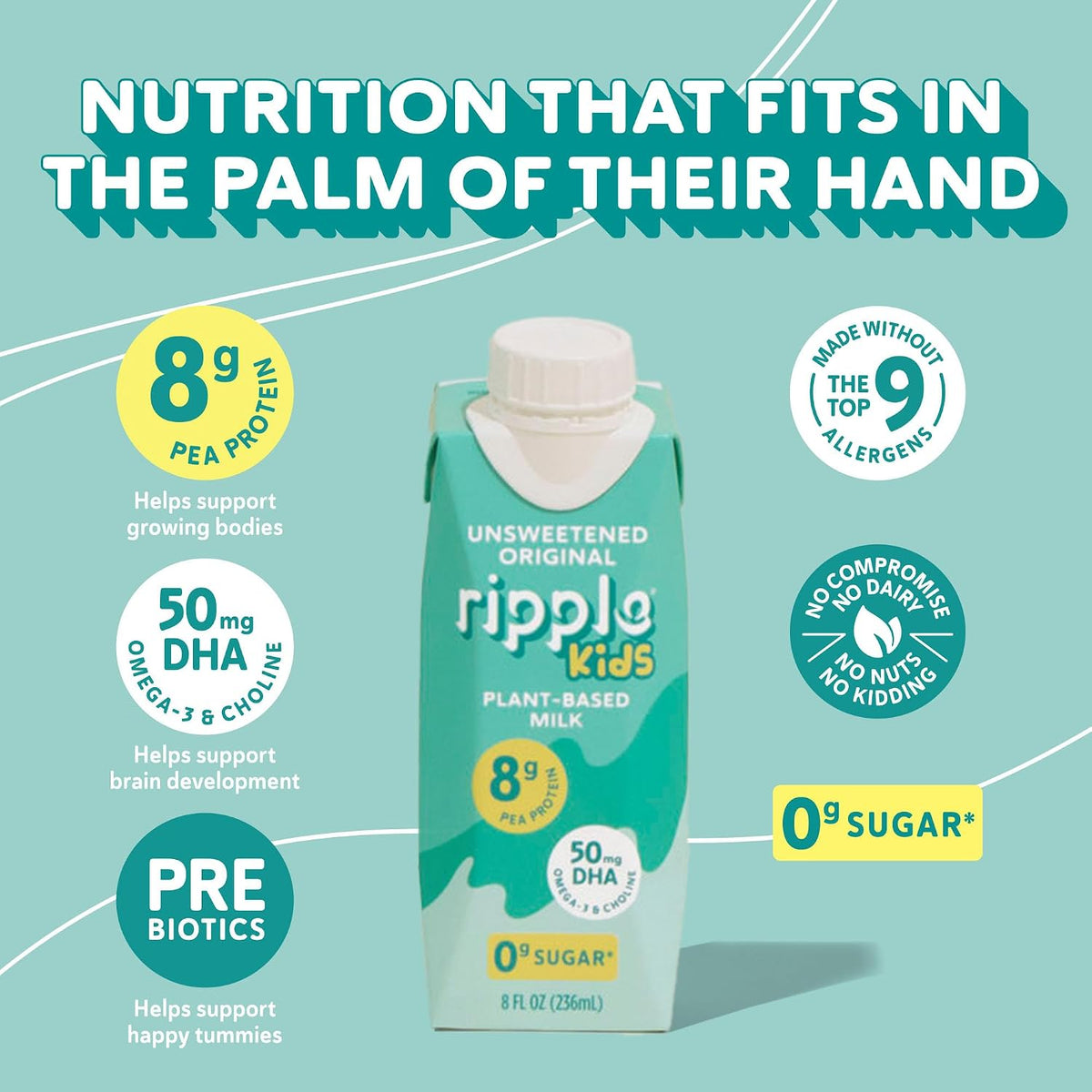 Ripple Kids Plant Based Milk, Unsweetened, 8g Pea Protein, Pediatrician Recommended, Shelf Stable Carton, Vegan, Non-GMO, Dairy, Soy, Nut, Gluten & Lactose Free, 8 Fl Oz, Pack of 12