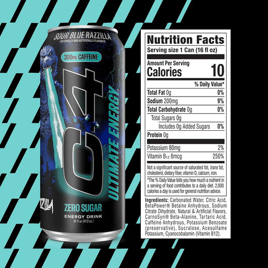 C4 Ultimate Energy Drink, Zero Sugar, Sour Blue Razzilla, 12pk
