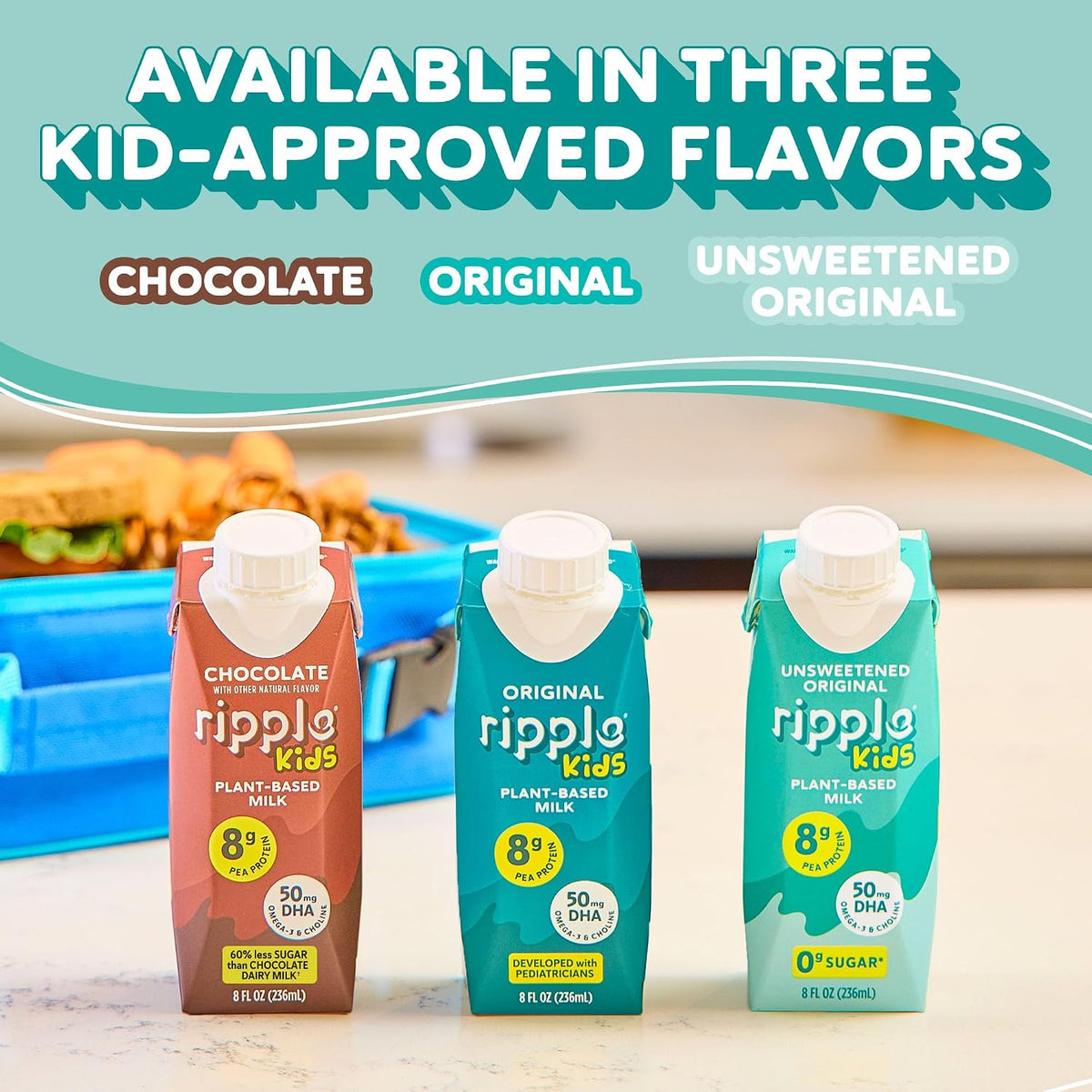Ripple Kids Plant Based Milk, Unsweetened, 8g Pea Protein, Pediatrician Recommended, Shelf Stable Carton, Vegan, Non-GMO, Dairy, Soy, Nut, Gluten & Lactose Free, 8 Fl Oz, Pack of 12