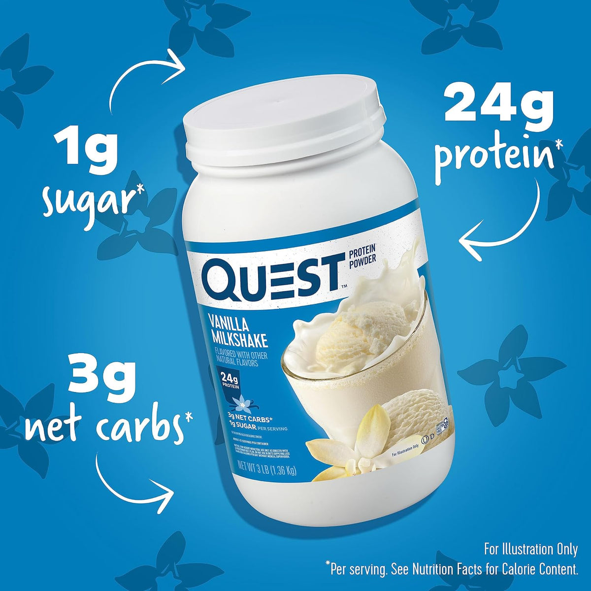 Quest Nutrition Vanilla Milkshake Protein Powder, 24g of Protein, 1g of Sugar, Low Carb, Gluten Free, 3 Pound, 43 Servings